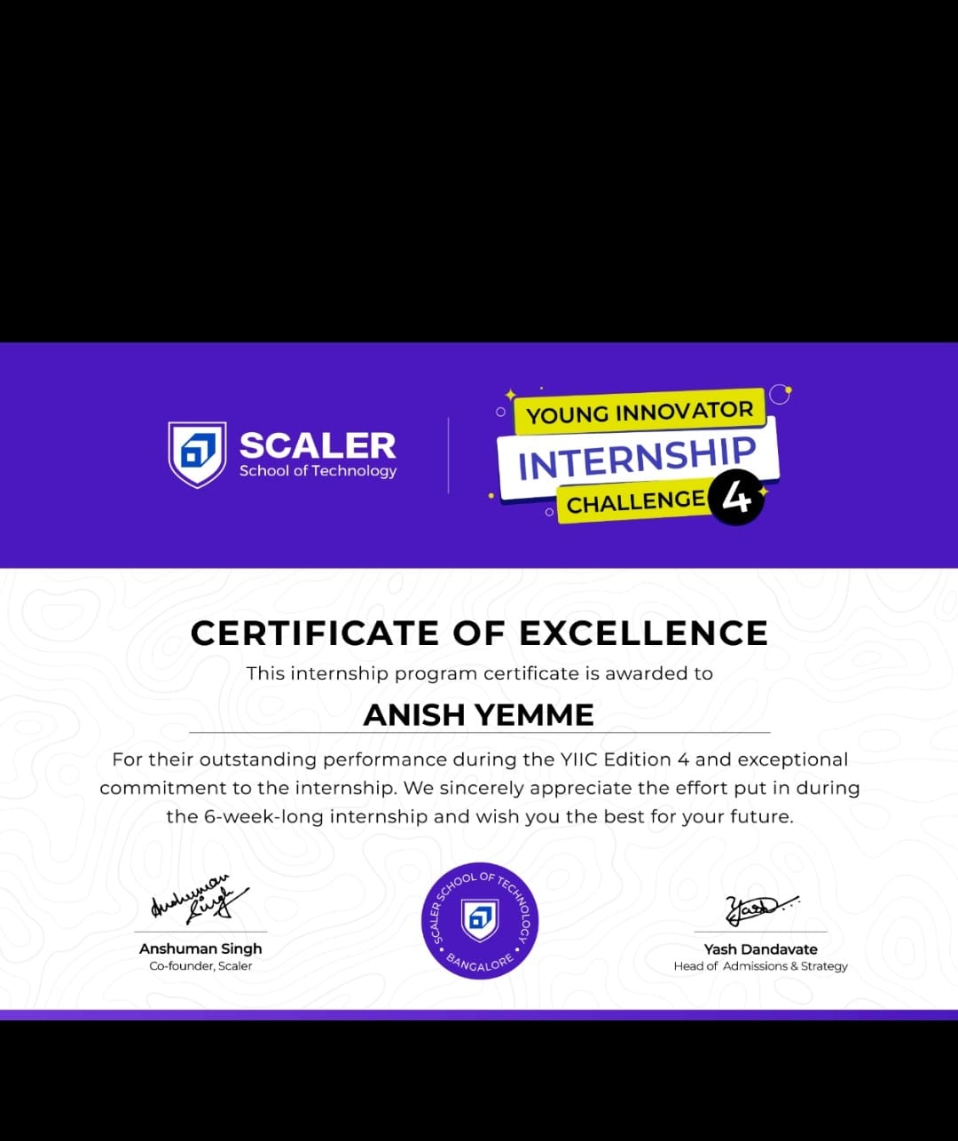 Certificate of Excellence - Young Innovator Internship Challenge 4